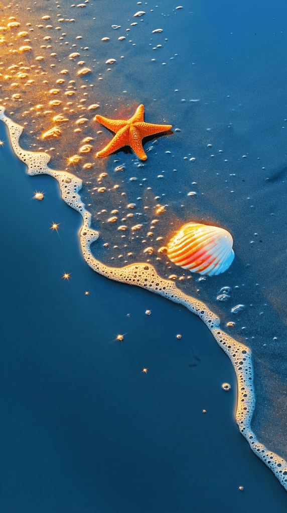 创意夏日海岸大海海滩波浪海螺贝壳海景背景