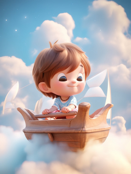 儿童节创意可爱小男孩坐在木船上矢量插画