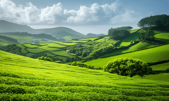 创意亚速尔群岛美丽的绿草如茵的田野和连绵起伏的丘陵