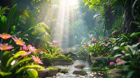 创意花卉植物夏天春天丛林雨林彩色合成创意素材背景