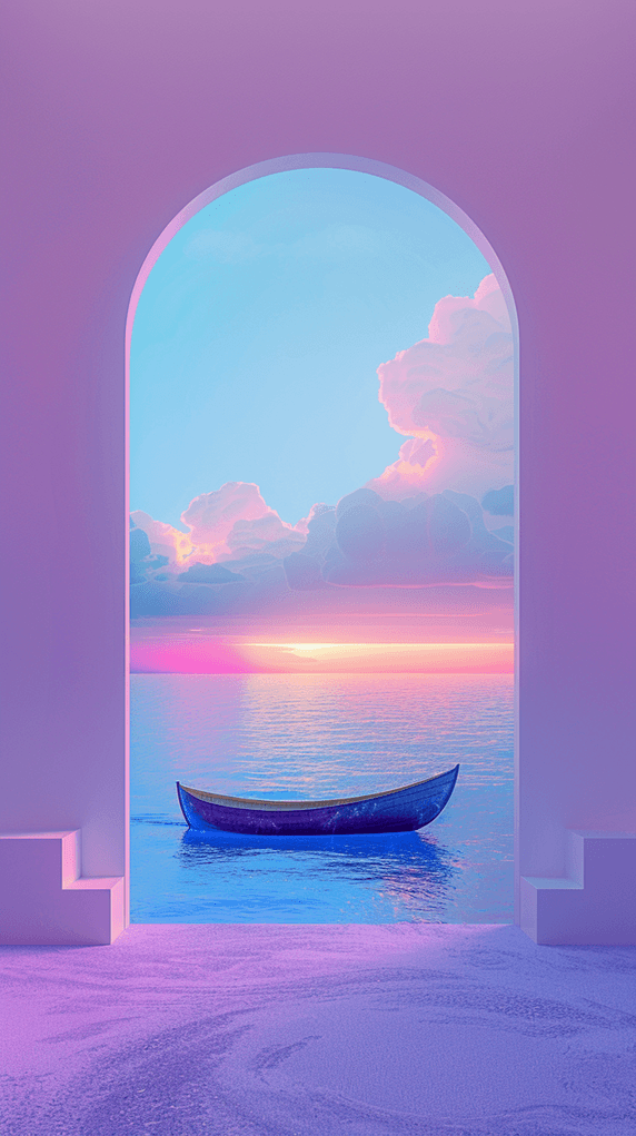 创意拱门抽象夕阳油画蓝粉色梦幻窗户风景概念空间场景背景图