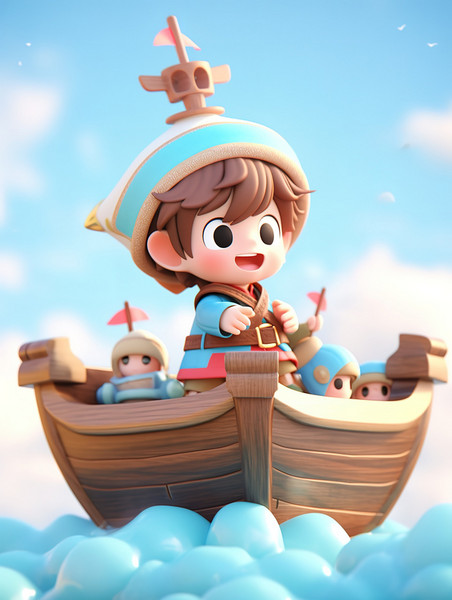 儿童节创意可爱小男孩坐在木船上插画海报