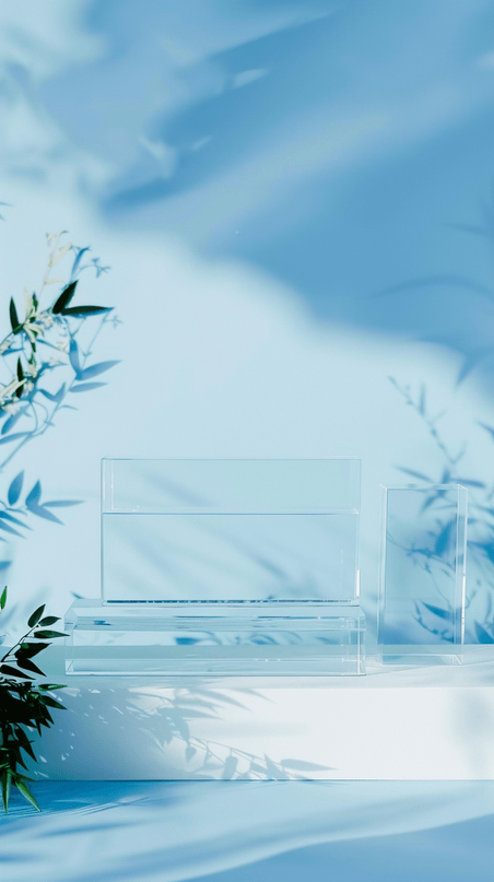 夏天清凉清新蓝色透明玻璃产品展示台设计