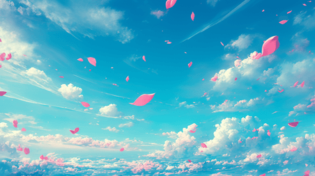 创意天空中蓝天白云缤纷梦幻花瓣飞舞的背景