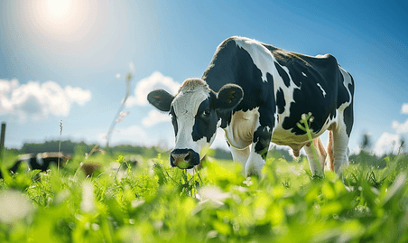创意黑白奶牛在山上吃草明亮的阳光动物畜牧业