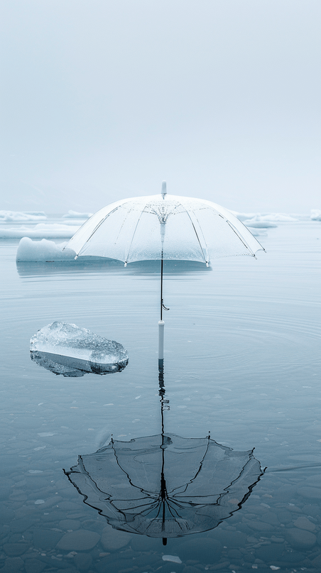创意夏天蓝色水面上的一把透明的伞素材