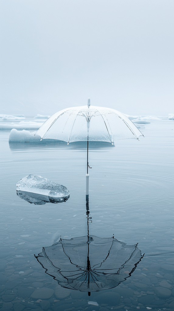 创意夏天蓝色水面上的一把透明的伞素材