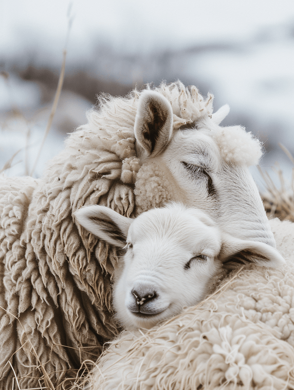 动物畜牧业冰岛的一只绵羊和它的小牛正在睡觉