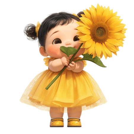 创意3D六一儿童节拿着向日葵的可爱小女孩元素