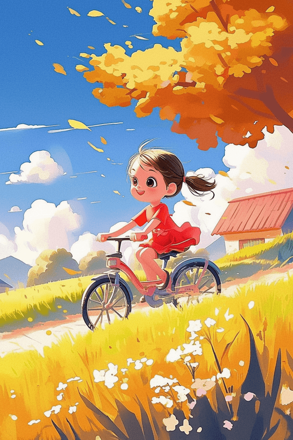 创意秋天海报可爱女孩骑车手绘插画