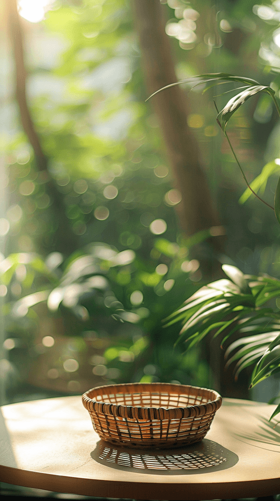 创意端午节中式竹林桌上的空竹筐桌面展台设计图