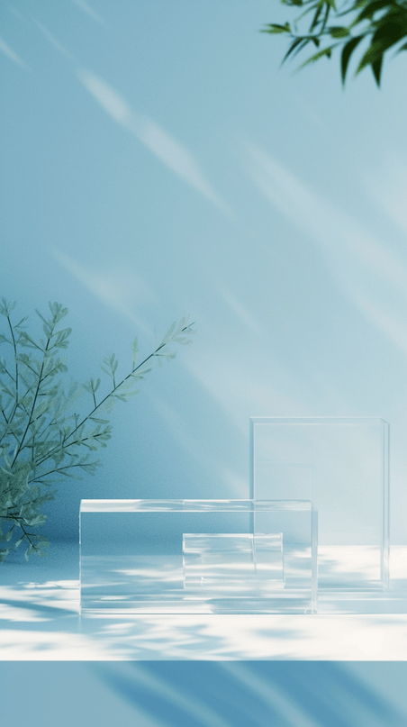 创意夏天清凉清新蓝色透明玻璃产品展示台图片