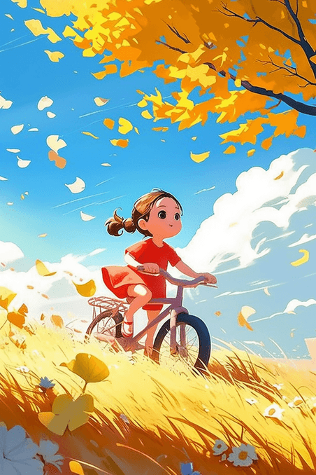 创意儿童节秋天可爱女孩骑车手绘插画