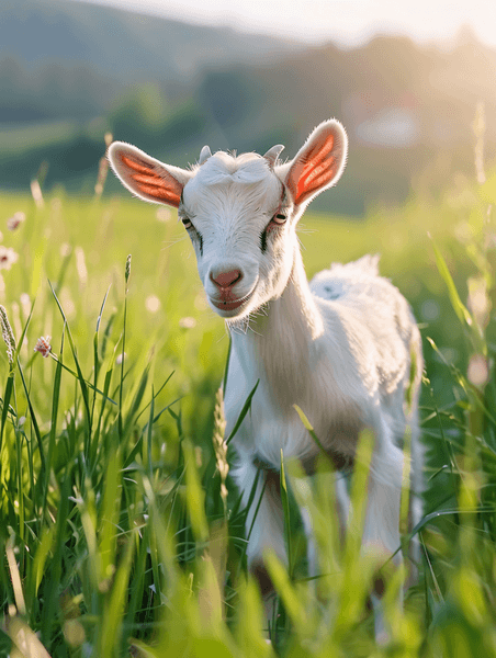 创意农场里的一只山羊在绿草上牧场上的山羊