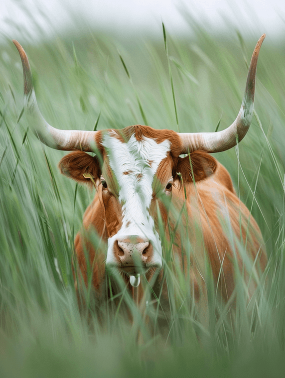 创意长角公牛的脸埋在长草里动物畜牧业