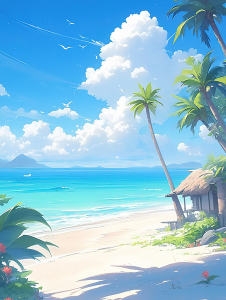 创意海边沙滩椰子树蓝天白云背景