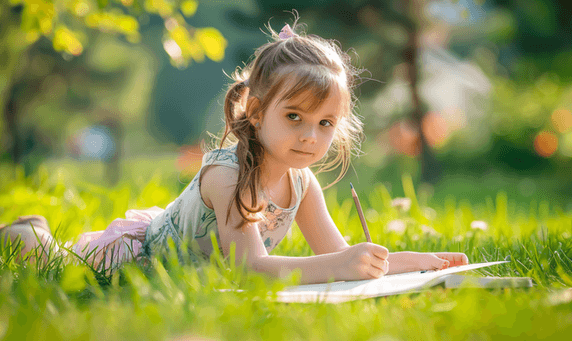 创意儿童美术白天可爱小女孩户外草坪写生画画教育培训