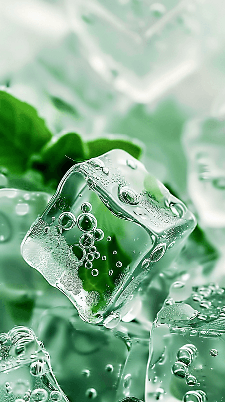 创意夏日3D绿色清新透明冰块手机壁纸设计图