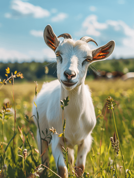 创意农场里的一只山羊在绿草上牧场上的山羊畜牧业