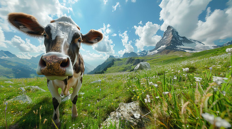 创意奶牛高山草地草原牧场动物畜牧业照片