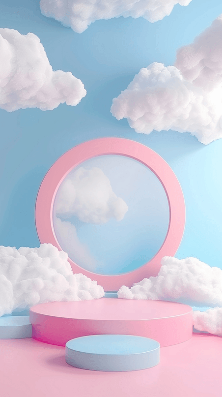 创意蓝粉色夏日云朵梦幻3D产品展示台素材