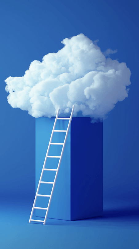 蓝色楼梯抽象云朵电商概念场景白云和梯子设计图