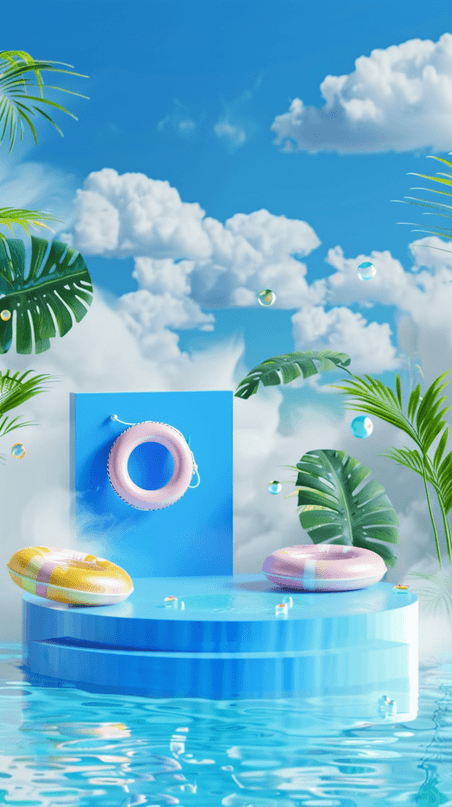 创意蓝色清凉夏天泳池场景产品展示台背景