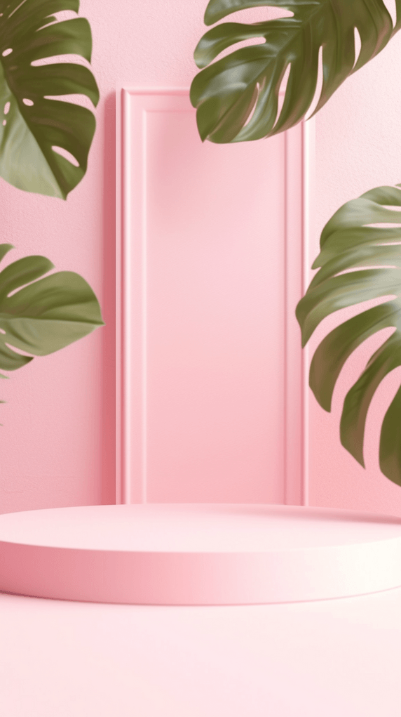 创意夏天绿植芭蕉叶粉色背景产品展台