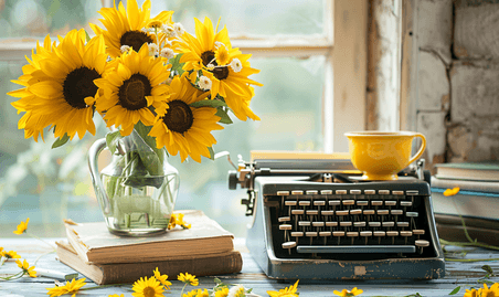 创意老式打字机与向日葵花瓶一堆书和一个茶杯