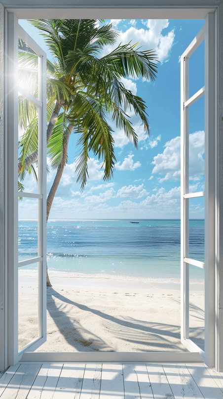 创意夏天风景海边大窗海景海边大海场景素材