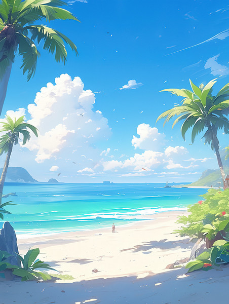 创意海边沙滩椰子树蓝天白云设计图