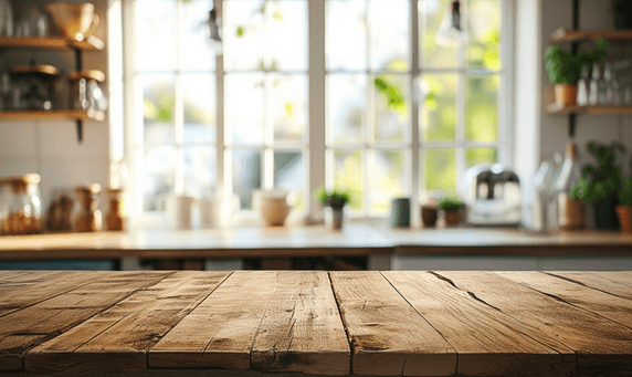 创意模糊窗户木质干净木桌厨房展台桌面空场景电商产品摄影