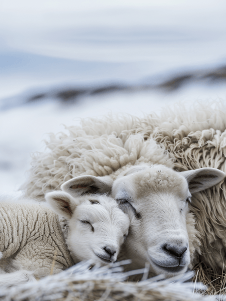 创意冰岛的一只绵羊和它的小牛正在睡觉动物畜牧业