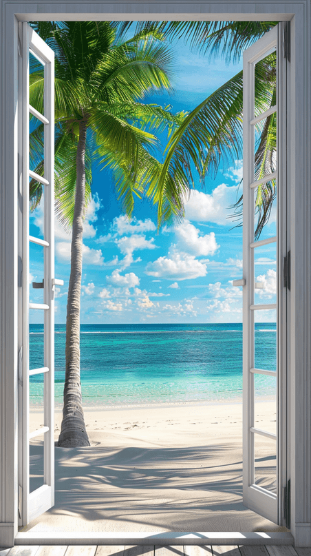创意夏天风景海边大窗海景海边大海场景背景