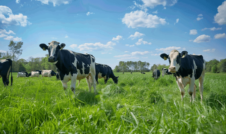 创意蓝天下的牛群在牧场上吃草动物畜牧业
