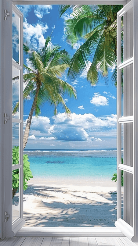 创意夏天风景海边大窗海景大海海边场景图片