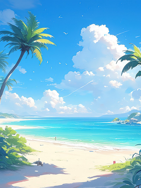 创意海边沙滩椰子树蓝天白云背景