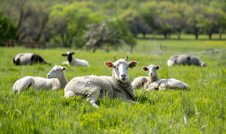 创意春日牲畜在农场牧场休息动物畜牧业