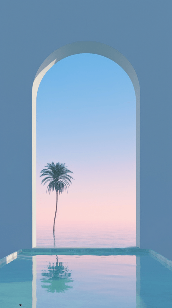 创意夏日拱门椰子树海边海景大海场景背景图
