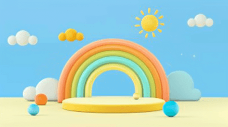 创意六一儿童节促销可爱卡通3D彩虹展台设计图
