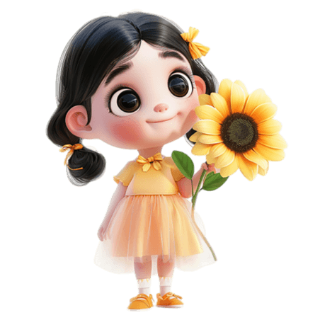 创意3D六一儿童节拿着向日葵的可爱小女孩素材