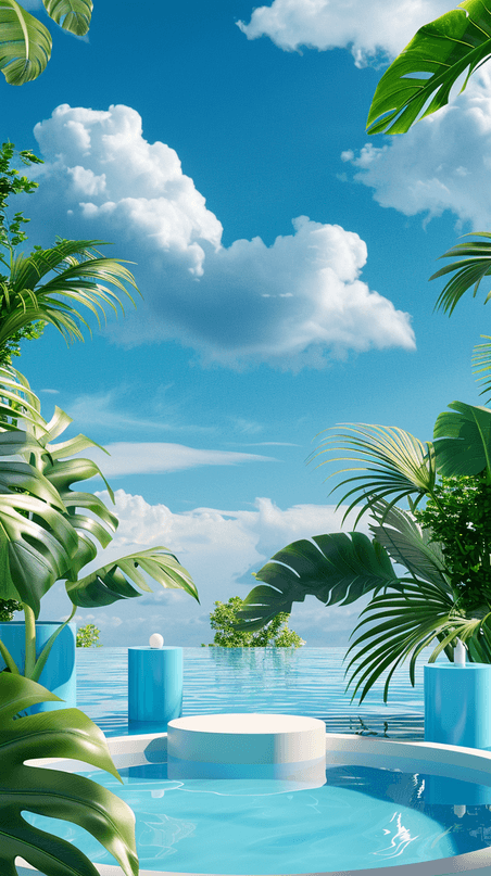 创意蓝色清凉夏天泳池场景产品展示台1设计