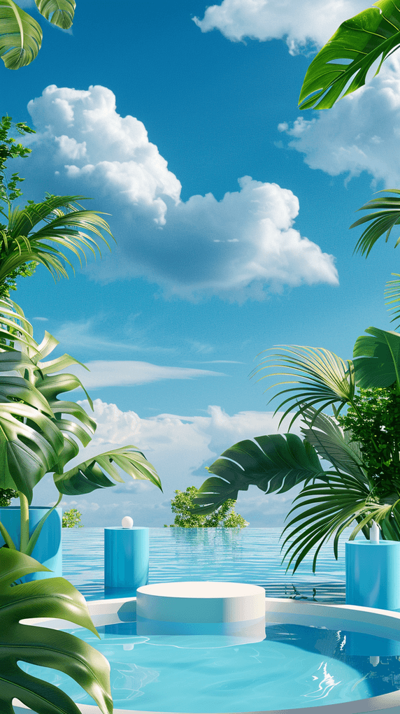 创意蓝色清凉夏天泳池场景产品展示台1设计