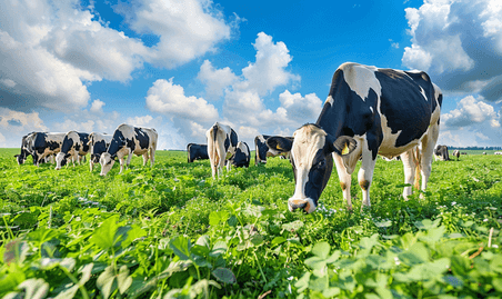 创意蓝天下的牛群在牧场上吃草动物畜牧业