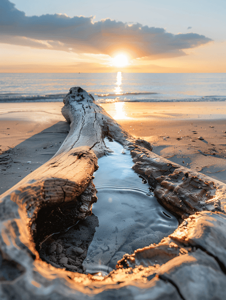 创意海滩上一根圆木上有一滩水