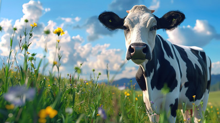 创意奶牛高山草地草原牧场摄影图