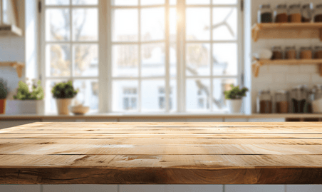 创意干净木桌厨房模糊窗户木质展台桌面空场景电商产品摄影