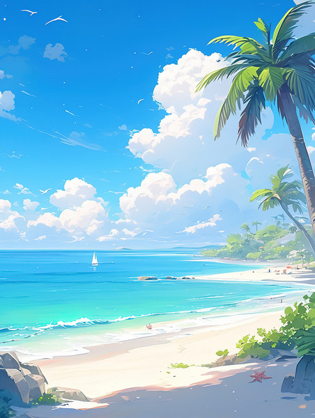 创意海边沙滩椰子树蓝天白云背景图