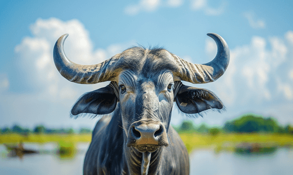 创意水牛在泰国田野上观察相机热带自然动物畜牧业