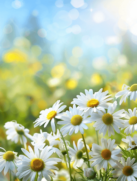 创意夏日风景背景中白色明亮的雏菊花